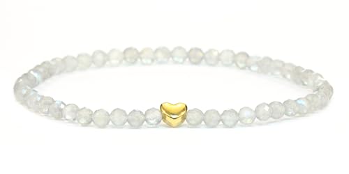 LAKADA Echtes Labradorit Edelstein Armband mit facettierten 4mm Perlen und Edelstahlherz Heilstein Schutzstein Edelsteinarmband Glücksbringer Talisman Geschenk (Labradorit, 18CM) von LAKADA
