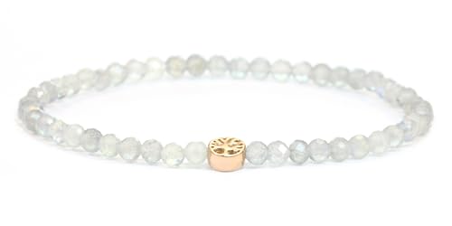 LAKADA Echtes Labradorit Edelstein Armband mit facettierten 4mm Perlen und Edelstahllebensbaum Heilstein Schutzstein Edelsteinarmband Glücksbringer Talisman Geschenk (Labradorit, 15CM, R) von LAKADA