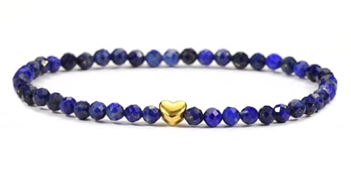 LAKADA Echtes Lapislazuli Edelstein Armband mit facettierten 4mm Perlen und Edelstahlherz Heilstein Schutzstein Edelsteinarmband Glücksbringer Talisman Geschenk (Lapislazuli, 18CM) von LAKADA