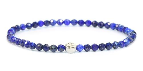 LAKADA Echtes Lapislazuli Edelstein Armband mit facettierten 4mm Perlen und Edelstahllebensbaum Heilstein Schutzstein Edelsteinarmband Glücksbringer Talisman Geschenk (Lapislazuli, 15CM, S) von LAKADA