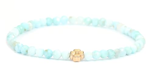 LAKADA Echtes Larimar Edelstein Armband mit facettierten 4mm Perlen und Edelstahlblüte Heilstein Schutzstein Edelsteinarmband Glücksbringer Talisman Geschenk (Larimar, 15CM, R) von LAKADA
