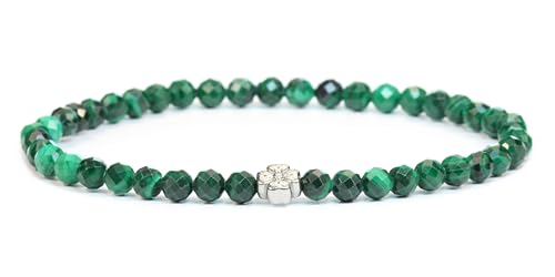 LAKADA Echtes Malachit Edelstein Armband mit facettierten 4mm Perlen und Edelstahlblüte Heilstein Schutzstein Edelsteinarmband Glücksbringer Talisman Geschenk (Malachit, 15CM, S) von LAKADA