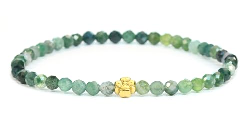 LAKADA Echtes Moosachat Edelstein Armband mit facettierten 4mm Perlen und Edelstahlblüte Heilstein Schutzstein Edelsteinarmband Glücksbringer Talisman Geschenk (Moosachat, 15CM, G) von LAKADA