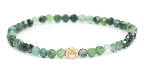 LAKADA Echtes Moosachat Edelstein Armband mit facettierten 4mm Perlen und Edelstahlblüte Heilstein Schutzstein Edelsteinarmband Glücksbringer Talisman Geschenk (Moosachat, 15CM, R) von LAKADA