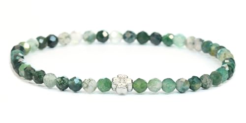LAKADA Echtes Moosachat Edelstein Armband mit facettierten 4mm Perlen und Edelstahlblüte Heilstein Schutzstein Edelsteinarmband Glücksbringer Talisman Geschenk (Moosachat, 21CM, S) von LAKADA