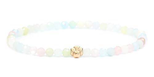 LAKADA Echtes Morganit Edelstein Armband mit facettierten 4mm Perlen und Edelstahlblüte Heilstein Schutzstein Edelsteinarmband Glücksbringer Talisman Geschenk (Morganit, 15CM, R) von LAKADA