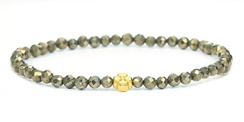 LAKADA Echtes Pyrit Edelstein Armband mit facettierten 4mm Perlen und Edelstahlblüte Heilstein Schutzstein Edelsteinarmband Glücksbringer Talisman Geschenk (Pyrit, 21CM, G) von LAKADA
