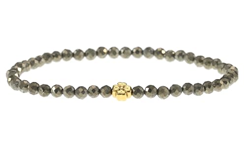 LAKADA Echtes Pyrit Edelstein Armband mit facettierten 4mm Perlen und Edelstahlblüte Heilstein Schutzstein Edelsteinarmband Glücksbringer Talisman Geschenk (Pyrit, G., 18CM) von LAKADA