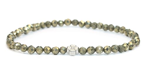 LAKADA Echtes Pyrit Edelstein Armband mit facettierten 4mm Perlen und Edelstahlblüte Heilstein Schutzstein Edelsteinarmband Glücksbringer Talisman Geschenk (Pyrit, 18CM, S) von LAKADA