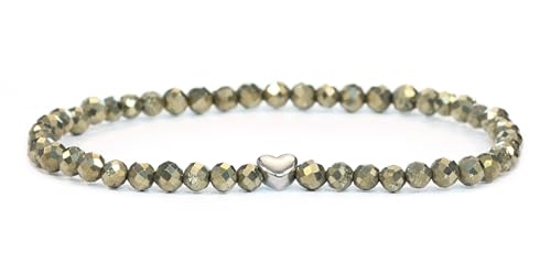 LAKADA Echtes Pyrit Edelstein Armband mit facettierten 4mm Perlen und Edelstahlherz Heilstein Schutzstein Edelsteinarmband Glücksbringer Talisman Geschenk (Pyrit, 21CM, S) von LAKADA