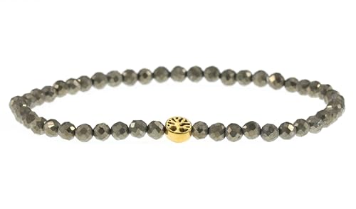 LAKADA Echtes Pyrit Edelstein Armband mit facettierten 4mm Perlen und Edelstahllebensbaum Heilstein Schutzstein Edelsteinarmband Glücksbringer Talisman Geschenk (Pyrit, G., 21CM) von LAKADA