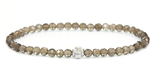 LAKADA Echtes Rauchquarz Edelstein Armband mit facettierten 4mm Perlen und Edelstahlblüte Heilstein Schutzstein Edelsteinarmband Glücksbringer Talisman Geschenk (Rauchquarz, 18CM, S) von LAKADA