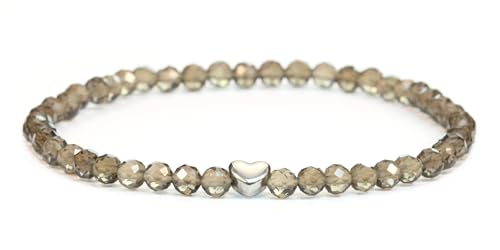 LAKADA Echtes Rauchquarz Edelstein Armband mit facettierten 4mm Perlen und Edelstahlherz Heilstein Schutzstein Edelsteinarmband Glücksbringer Talisman Geschenk (Rauchquarz, 21CM, S) von LAKADA