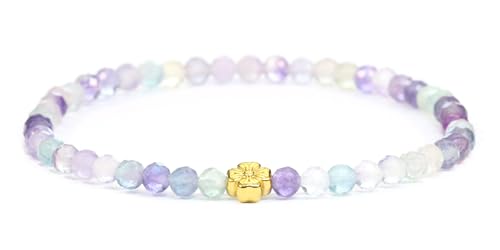LAKADA Echtes Regenbogenfluorit Edelstein Armband mit facettierten 4mm Perlen und Edelstahlblüte Heilstein Schutzstein Edelsteinarmband Glücksbringer Talisman Geschenk (Regenbogenfluorit, 15CM, G) von LAKADA