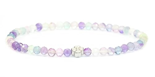 LAKADA Echtes Regenbogenfluorit Edelstein Armband mit facettierten 4mm Perlen und Edelstahlblüte Heilstein Schutzstein Edelsteinarmband Glücksbringer Talisman Geschenk (Regenbogenfluorit, 18CM, S) von LAKADA