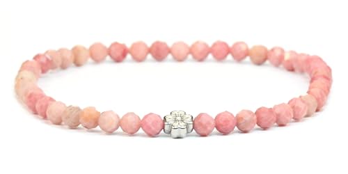 LAKADA Echtes Rhodonit Edelstein Armband mit facettierten 4mm Perlen und Edelstahlblüte Heilstein Schutzstein Edelsteinarmband Glücksbringer Talisman Geschenk (Rhodonit, 18CM, S) von LAKADA