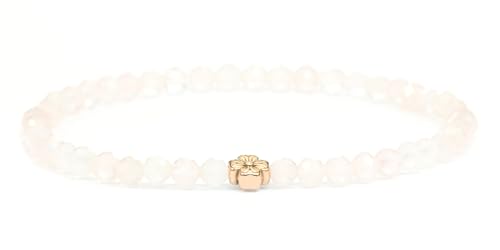 LAKADA Echtes Rosenquarz Edelstein Armband mit facettierten 4mm Perlen und Edelstahlblüte Heilstein Schutzstein Edelsteinarmband Glücksbringer Talisman Geschenk (Rosenquarz, 15CM, R) von LAKADA