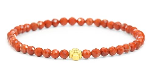 LAKADA Echtes Roter Jaspis Edelstein Armband mit facettierten 4mm Perlen und Edelstahlblüte Heilstein Schutzstein Edelsteinarmband Glücksbringer Talisman Geschenk (Roter Jaspis, 21CM, G) von LAKADA