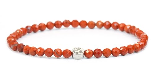 LAKADA Echtes Roter Jaspis Edelstein Armband mit facettierten 4mm Perlen und Edelstahllebensbaum Heilstein Schutzstein Edelsteinarmband Glücksbringer Talisman Geschenk (Roter Jaspis, 15CM, S) von LAKADA