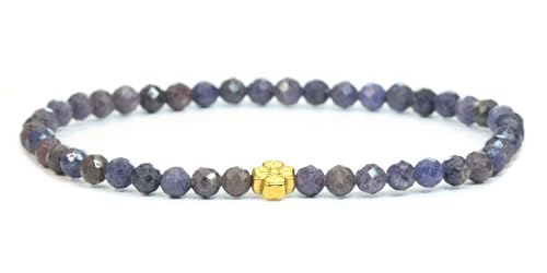 LAKADA Echtes Saphir Edelstein Armband mit facettierten 4mm Perlen und Edelstahlblüte Heilstein Schutzstein Edelsteinarmband Glücksbringer Talisman Geschenk (Saphir, 18CM, G) von LAKADA