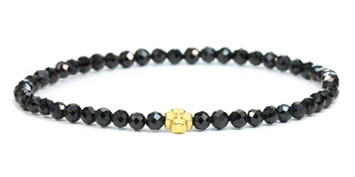 LAKADA Echtes Schwarzer Turmalin Edelstein Armband mit facettierten 4mm Perlen und Edelstahlblüte Heilstein Schutzstein Edelsteinarmband Glücksbringer Talisman Geschenk (Schw. Turm., 15CM, G) von LAKADA