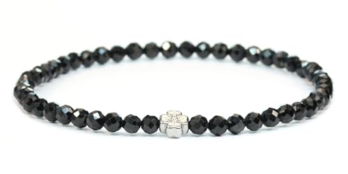 LAKADA Echtes Schwarzer Turmalin Edelstein Armband mit facettierten 4mm Perlen und Edelstahlblüte Heilstein Schutzstein Edelsteinarmband Glücksbringer Talisman Geschenk (Schw. Turm., 15CM, S) von LAKADA