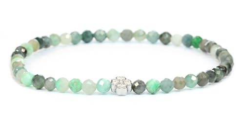 LAKADA Echtes Smaragd Edelstein Armband mit facettierten 4mm Perlen und Edelstahlblüte Heilstein Schutzstein Edelsteinarmband Glücksbringer Talisman Geschenk (Smaragd, 21CM, S) von LAKADA
