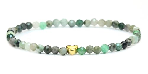 LAKADA Echtes Smaragd Edelstein Armband mit facettierten 4mm Perlen und Edelstahlherz Heilstein Schutzstein Edelsteinarmband Glücksbringer Talisman Geschenk (Smaragd, 15CM) von LAKADA