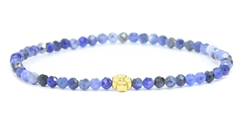 LAKADA Echtes Sodalith Edelstein Armband mit facettierten 4mm Perlen und Edelstahlblüte Heilstein Schutzstein Edelsteinarmband Glücksbringer Talisman Geschenk (Sodalith, 18CM, G) von LAKADA