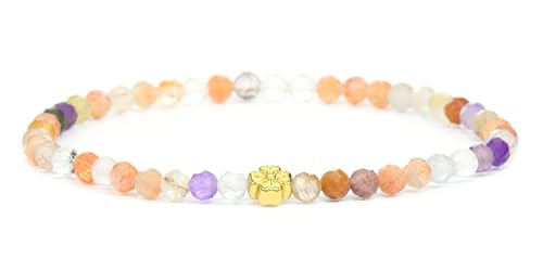 LAKADA Echtes Super Seven Amethyst Edelstein Armband mit facettierten 4mm Perlen und Edelstahlblüte Heilstein Schutzstein Edelsteinarmband Glücksbringer Talisman Geschenk (S. S. Ameth., 18CM, G) von LAKADA