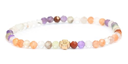 LAKADA Echtes Super Seven Amethyst Edelstein Armband mit facettierten 4mm Perlen und Edelstahlblüte Heilstein Schutzstein Edelsteinarmband Glücksbringer Talisman Geschenk (S. S. Ameth., 18CM, R) von LAKADA