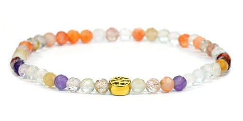 LAKADA Echtes Super Seven Amethyst Edelstein Armband mit facettierten 4mm Perlen und Edelstahllebensbaum Heilstein Schutzstein Edelsteinarmband Glücksbringer Talisman Geschenk (S. S. Ameth., 21CM, G) von LAKADA