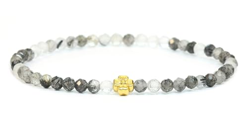 LAKADA Echtes Turmalinquarz Edelstein Armband mit facettierten 4mm Perlen und Edelstahlblüte Heilstein Schutzstein Edelsteinarmband Glücksbringer Talisman Geschenk (Turmalinquarz, 15CM, G) von LAKADA