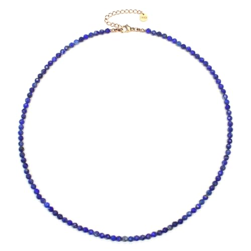 Lapislazuli Edelsteinkette mit facettierten 4mm Perlen - echte Natursteine - Länge verstellbar - Heilstein Schutzstein Edelstein Collier Glücksbringer Talisman Geschenk (Lapislazuli, 50, R) von LAKADA