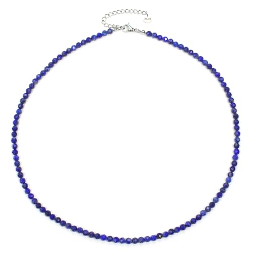 Lapislazuli Edelsteinkette mit facettierten 4mm Perlen - echte Natursteine - Länge verstellbar - Heilstein Schutzstein Edelstein Collier Glücksbringer Talisman Geschenk (Lapislazuli, 50, S) von LAKADA