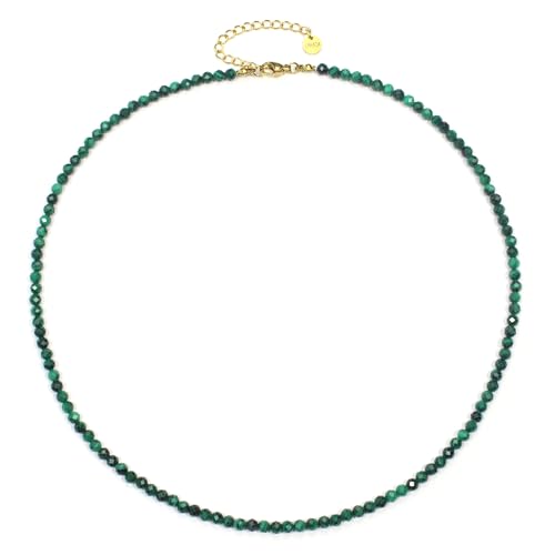 Malachit Edelsteinkette mit facettierten 4mm Perlen - echte Natursteine - Länge verstellbar - Heilstein Schutzstein Edelstein Collier Glücksbringer Talisman Geschenk (Malachit, 50, G) von LAKADA