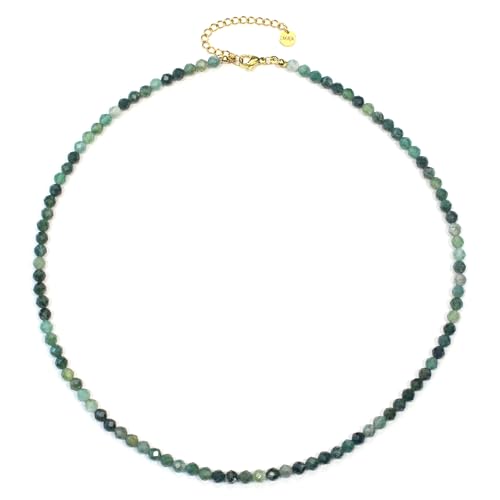 Moosachat Edelsteinkette mit facettierten 4mm Perlen - echte Natursteine - Länge verstellbar - Heilstein Schutzstein Edelstein Collier Glücksbringer Talisman Geschenk (Moosachat, 40, G) von LAKADA