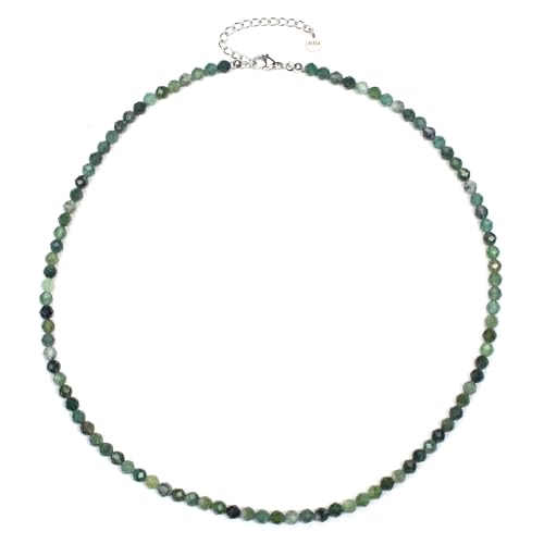 Moosachat Edelsteinkette mit facettierten 4mm Perlen - echte Natursteine - Länge verstellbar - Heilstein Schutzstein Edelstein Collier Glücksbringer Talisman Geschenk (Moosachat, 40, S) von LAKADA