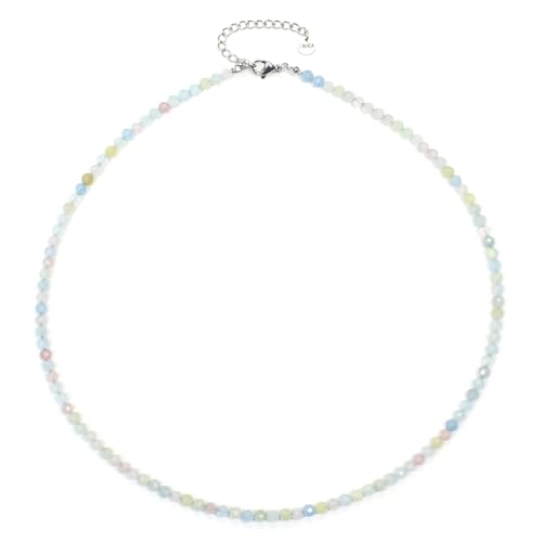 Morganit Edelsteinkette mit facettierten 4mm Perlen - echte Natursteine - Länge verstellbar - Heilstein Schutzstein Edelstein Collier Glücksbringer Talisman Geschenk (Morganit, 50, S) von LAKADA