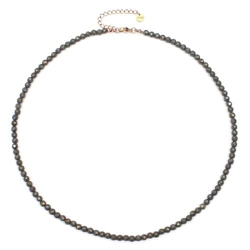 Pyrit Edelsteinkette mit facettierten 4mm Perlen - echte Natursteine - Länge verstellbar - Heilstein Schutzstein Edelstein Collier Glücksbringer Talisman Geschenk (Pyrit, 50, R) von LAKADA