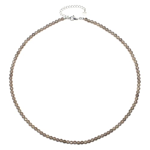 Rauchquarz Edelsteinkette mit facettierten 4mm Perlen - echte Natursteine - Länge verstellbar - Heilstein Schutzstein Edelstein Collier Glücksbringer Talisman Geschenk (Rauchquarz, 45, S) von LAKADA