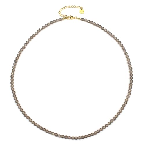 Rauchquarz Edelsteinkette mit facettierten 4mm Perlen - echte Natursteine - Länge verstellbar - Heilstein Schutzstein Edelstein Collier Glücksbringer Talisman Geschenk (Rauchquarz, 50, G) von LAKADA