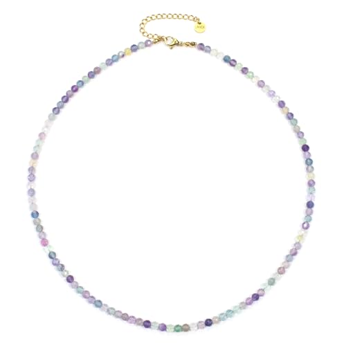 Regenbogenfluorit Edelsteinkette mit facettierten 4mm Perlen - echte Natursteine - Länge verstellbar - Heilstein Schutzstein Edelstein Collier Glücksbringer Talisman Geschenk (Fluorit, 40, G) von LAKADA