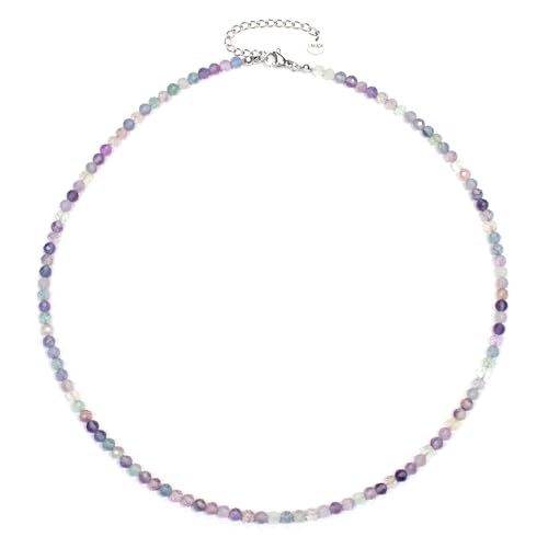 Regenbogenfluorit Edelsteinkette mit facettierten 4mm Perlen - echte Natursteine - Länge verstellbar - Heilstein Schutzstein Edelstein Collier Glücksbringer Talisman Geschenk (Fluorit, 40, S) von LAKADA