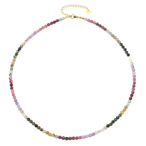 Regenbogenturmalin Edelsteinkette mit facettierten 4mm Perlen - echte Natursteine - Länge verstellbar - Heilstein Schutzstein Edelstein Collier Glücksbringer Talisman Geschenk (R.-Turm., 45, G) von LAKADA