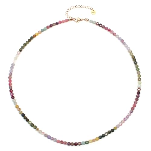 Regenbogenturmalin Edelsteinkette mit facettierten 4mm Perlen - echte Natursteine - Länge verstellbar - Heilstein Schutzstein Edelstein Collier Glücksbringer Talisman Geschenk (R.-Turm., 50, R) von LAKADA
