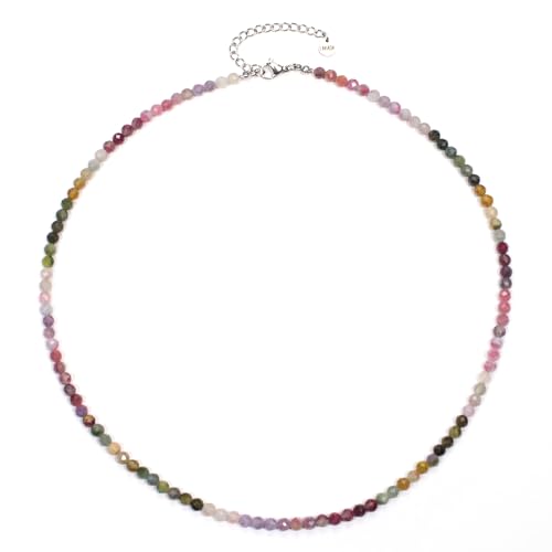 Regenbogenturmalin Edelsteinkette mit facettierten 4mm Perlen - echte Natursteine - Länge verstellbar - Heilstein Schutzstein Edelstein Collier Glücksbringer Talisman Geschenk (R.-Turm., 50, S) von LAKADA