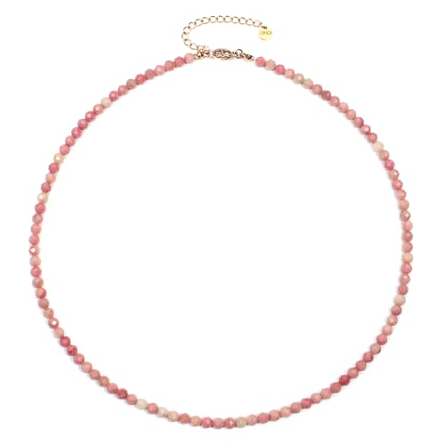 Rhodonit Edelsteinkette mit facettierten 4mm Perlen - echte Natursteine - Länge verstellbar - Heilstein Schutzstein Edelstein Collier Glücksbringer Talisman Geschenk (Rhodonit, 45, R) von LAKADA