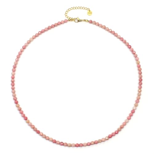 Rhodonit Edelsteinkette mit facettierten 4mm Perlen - echte Natursteine - Länge verstellbar - Heilstein Schutzstein Edelstein Collier Glücksbringer Talisman Geschenk (Rhodonit, 50, G) von LAKADA