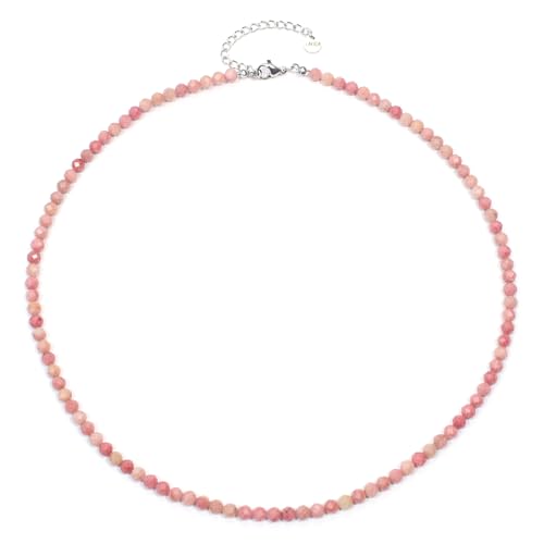 Rhodonit Edelsteinkette mit facettierten 4mm Perlen - echte Natursteine - Länge verstellbar - Heilstein Schutzstein Edelstein Collier Glücksbringer Talisman Geschenk (Rhodonit, 50, S) von LAKADA